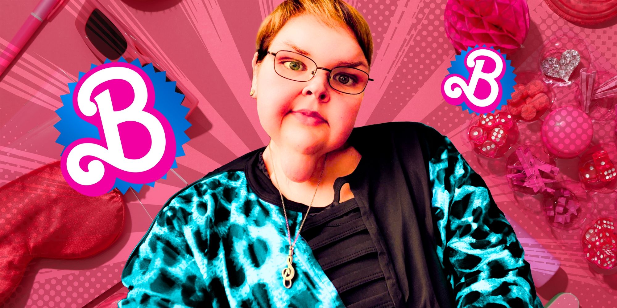 1000-lb Sisters Tammy Slaton with short hair and teal leopard jacket in front of Barbie-themed background