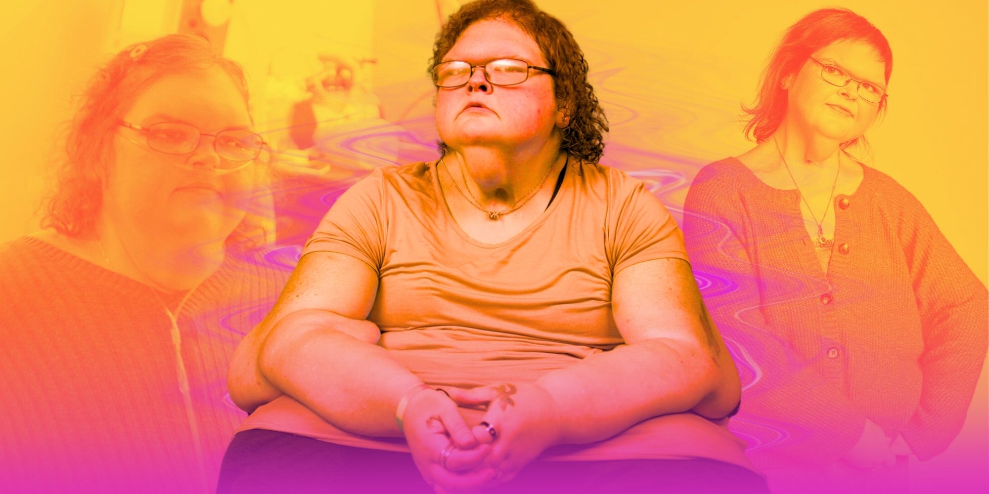 1000-Lb Sisters Tammy Slaton in orange t-shirt sitting down with eyes closed