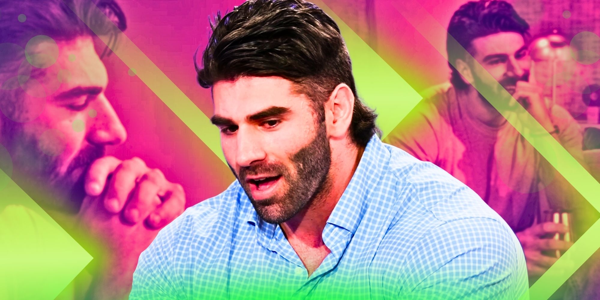 Montage of Love Is Blind Season 6's Trevor looking serious with pink filtered background and neon green