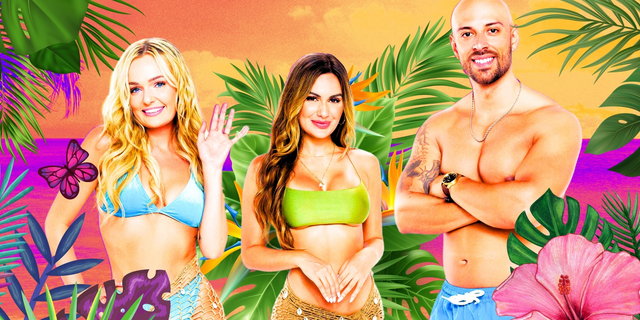 Michah, Jessica et Izzy de Love Is Blind, membres du casting de la saison 2 de Perfect Match, avec un motif tropical