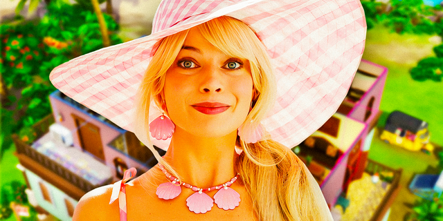 Margot Robbie as Barbie in Barbieland, superimposed on The Sims house