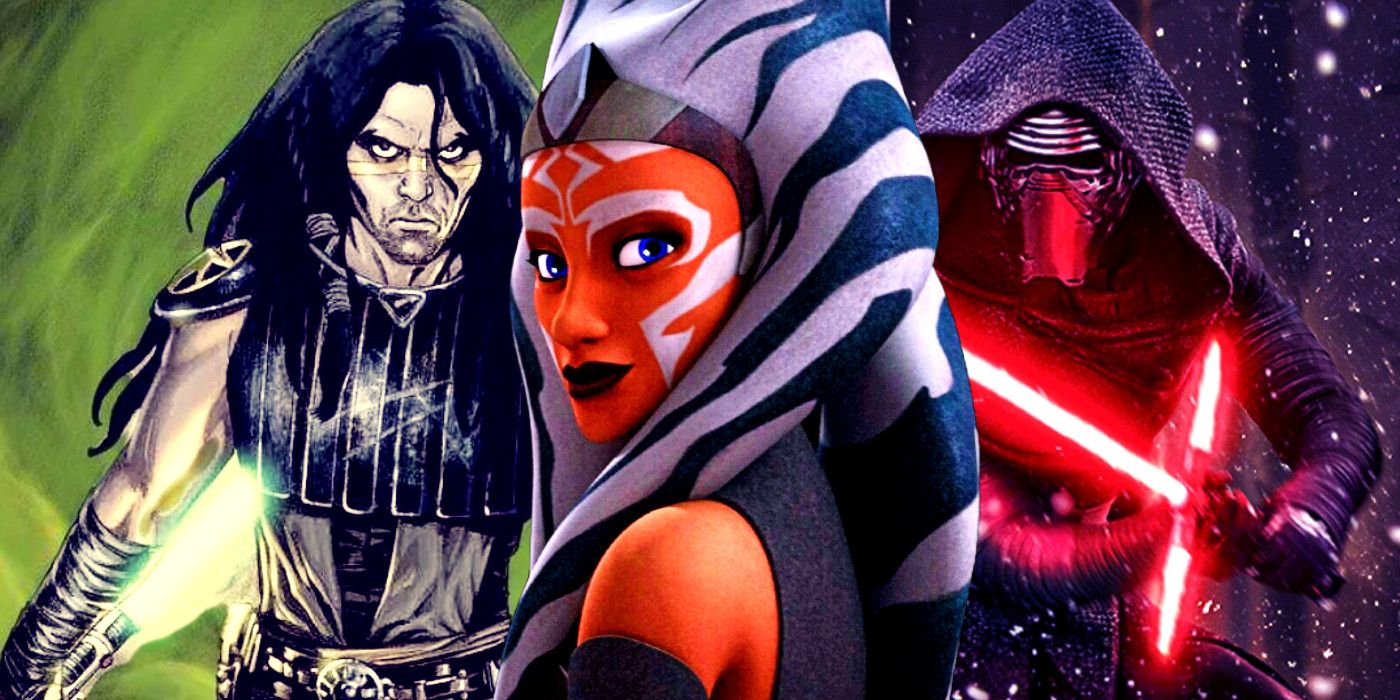 Left: Quinlan Vos in Star Wars Legends; Center: Ahsoka Tano in Star Wars Rebels; Right: Kylo Ren in Star Wars: The Force Awakens.