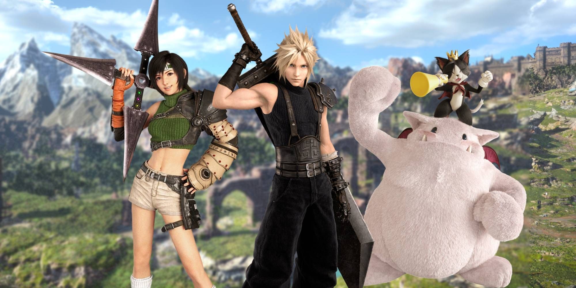 Composição da festa FF7 Rebirth de Yuffie, Cloud e Cait Sith