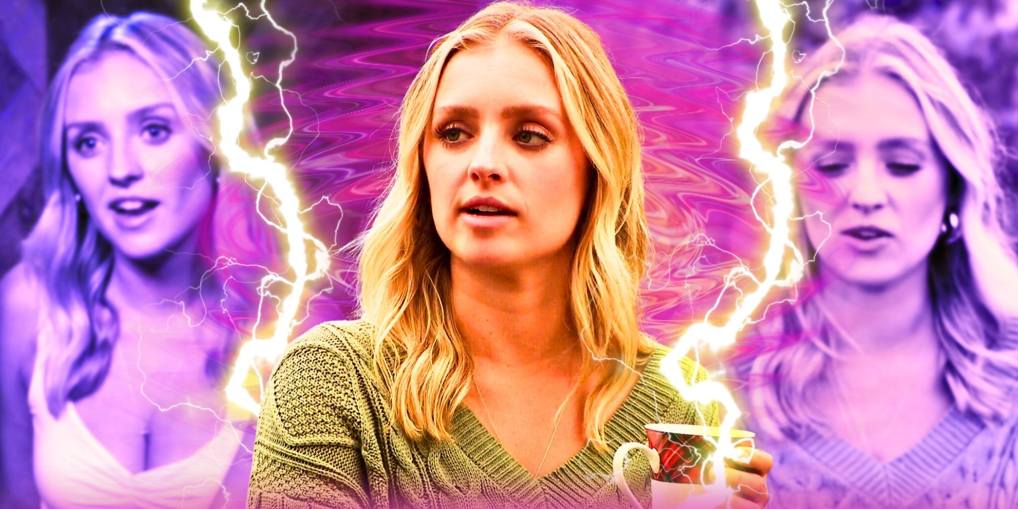 The Bachelor's Daisy Kent is featured three times in a montage image while surrounded by lightning.