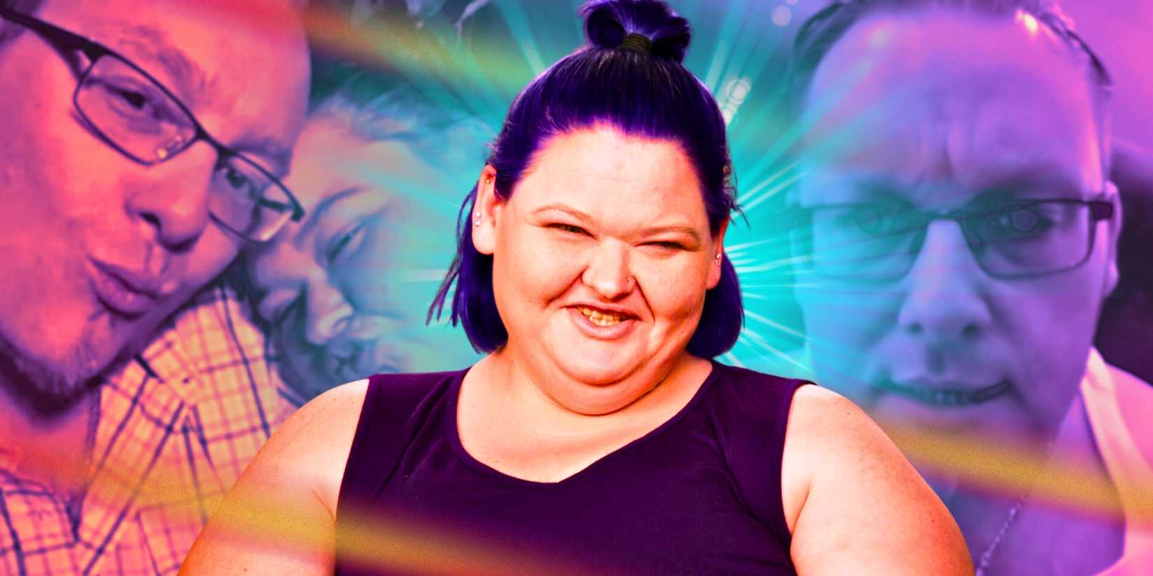1000-Lb Sisters' Amy Slaton smiles in a black sleeveless top with photos of ex boyfriend Kevin behind her.