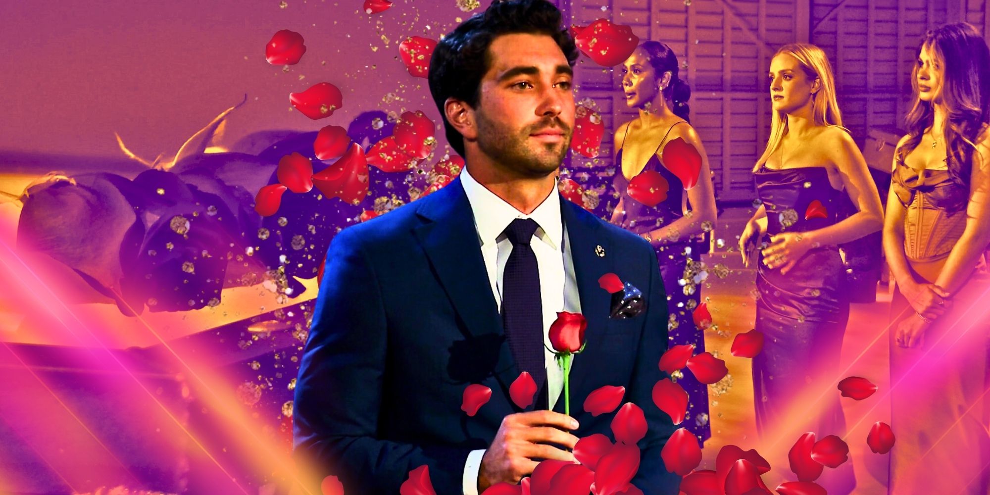 The Bachelor Season 28's Joey Graziadei holding a rose with montage of the top three women 