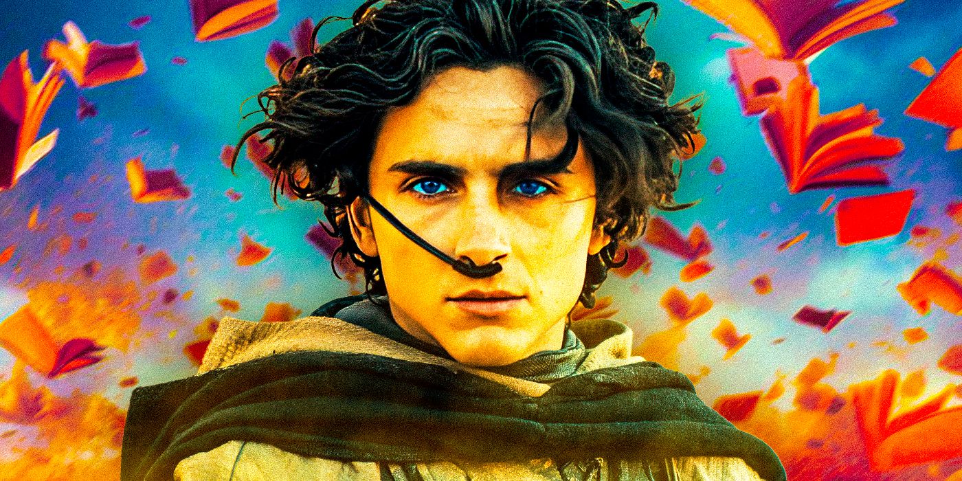 Timothée Chalamet as Paul Atreides in Dune: Part Two with books falling in the background