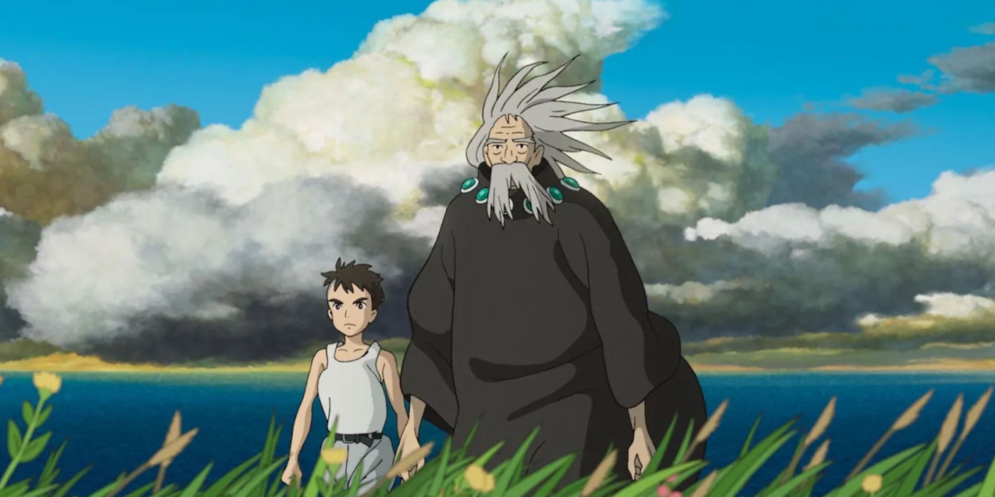 Granduncle and his nephew walking together in The Boy and the Heron