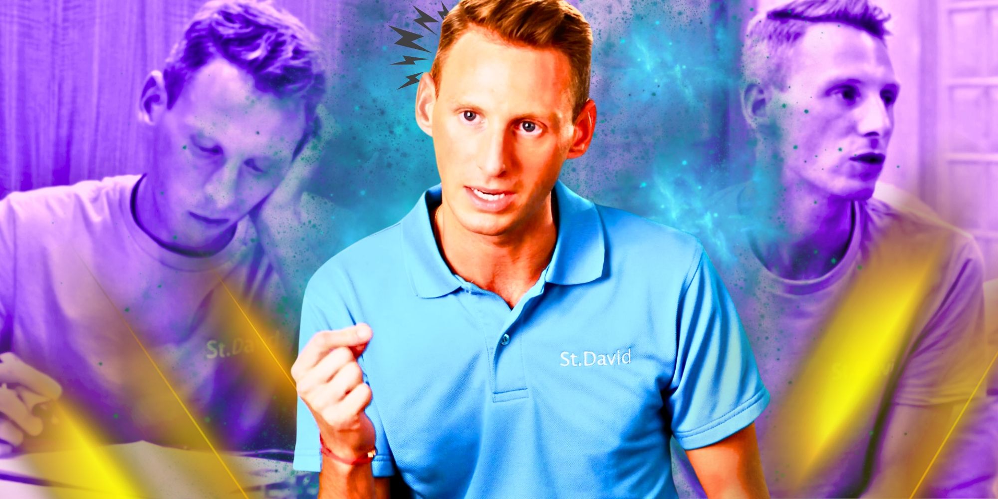 Montage of Below Deck’s Fraser Olender looking angry and serious purple filtered background