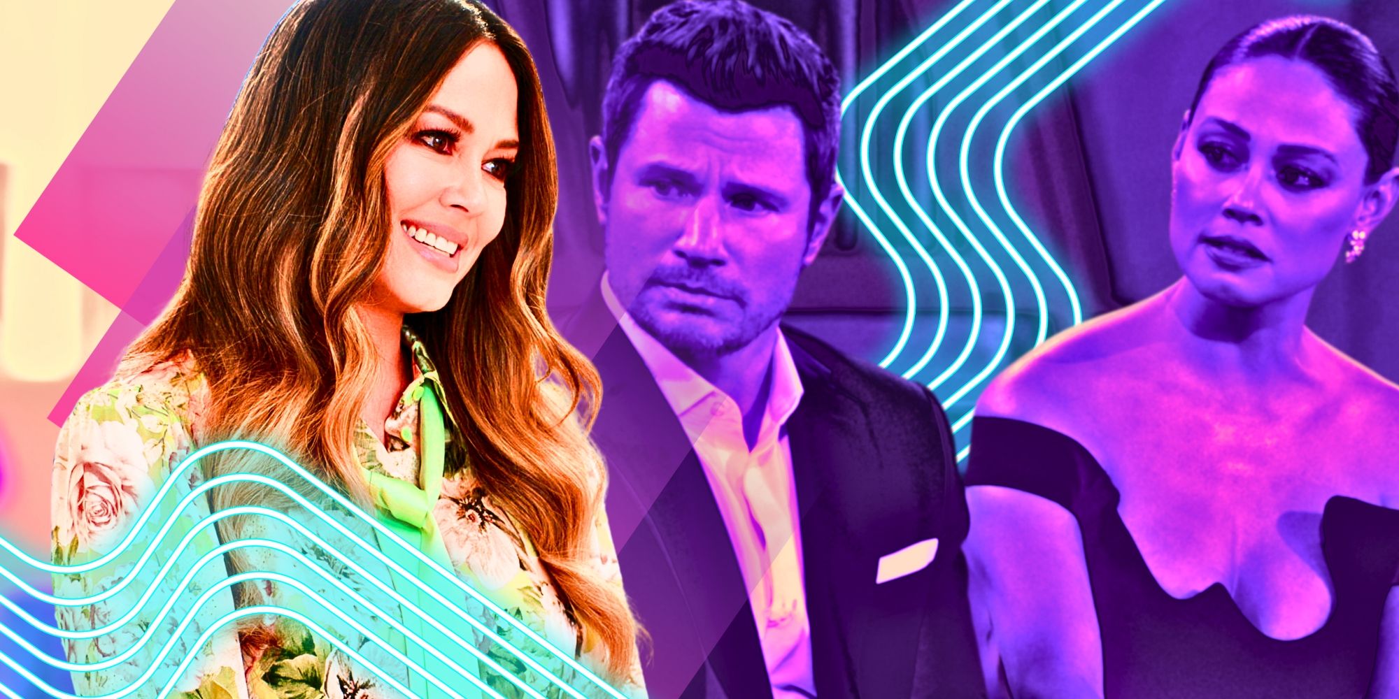 Montage of Love Is Blind's Nick and Vanessa Lachey smiling and looking serious