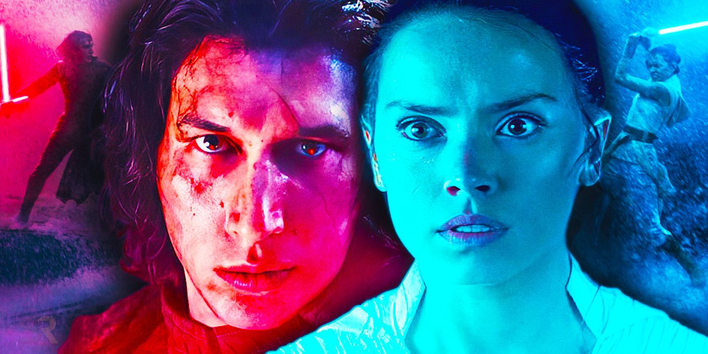 Thhe faces of Rey and Kylo Ren, with them dueling in the background