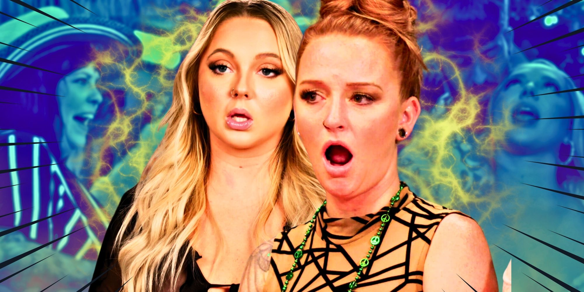 Teen Mom Family Reunion: Jade Cline and Maci Bookout wear shocked facial expressions with Caitlyn Baltierra in the foreground dressed as a pirate.