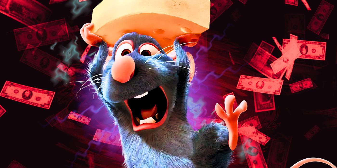 Ratatouille Remy screaming and holding a piece of cheese with a dark background with money flying around
