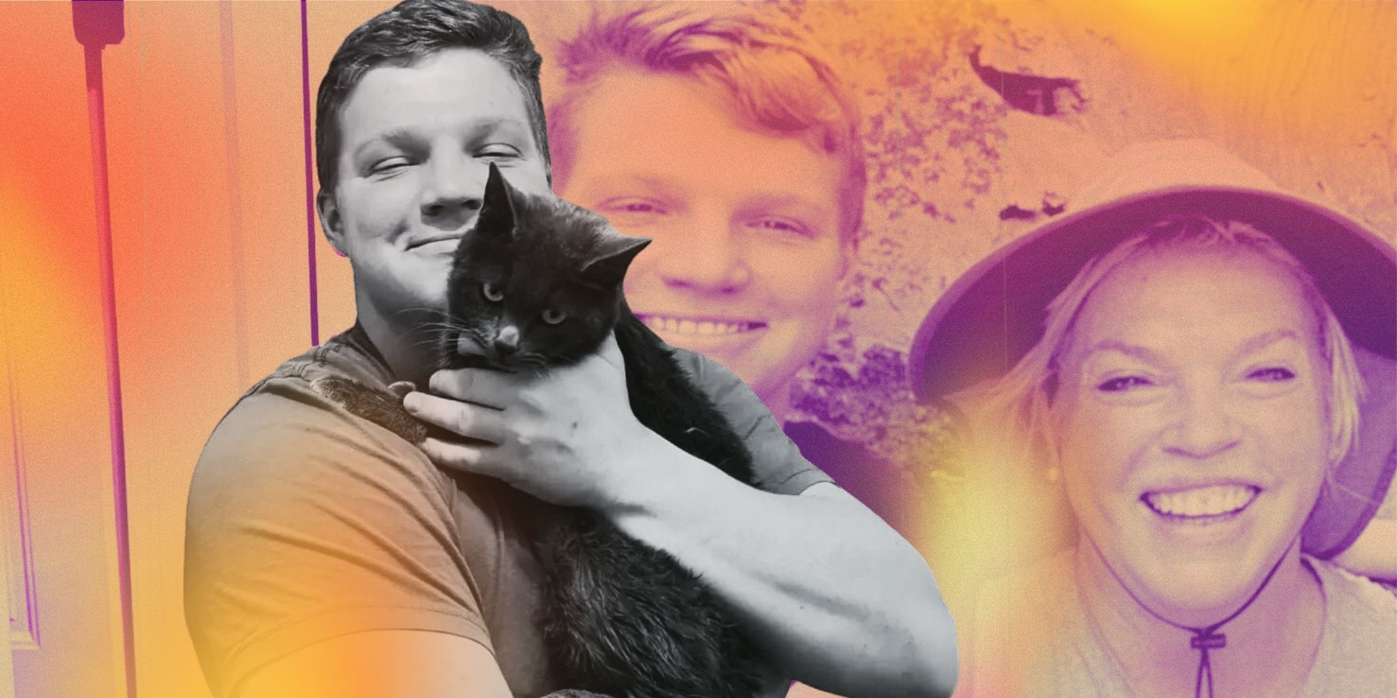 Montage of Sister Wives' Garrison and Janelle Brown, with Garrison holding a black cat