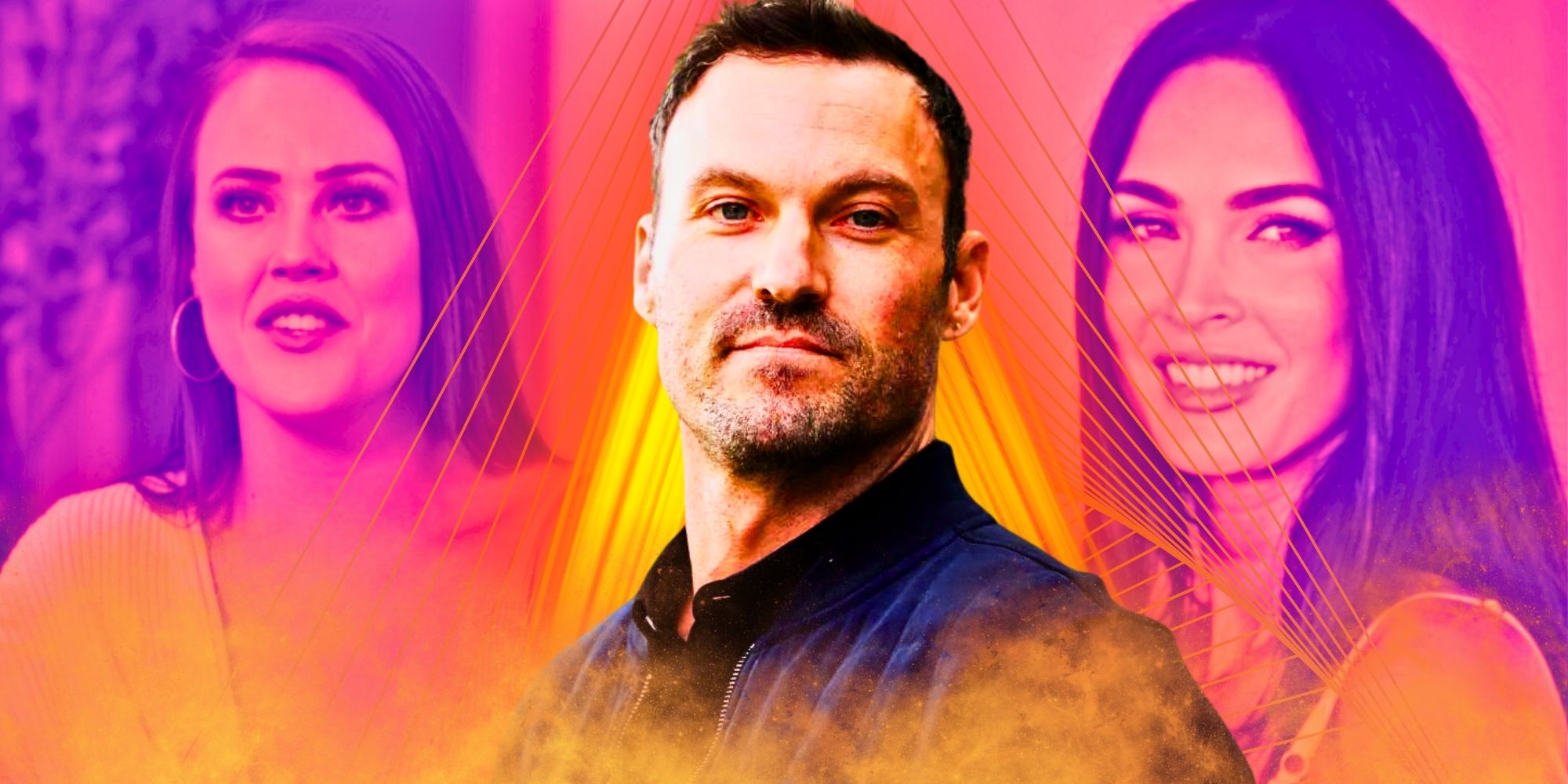 Brian Austin Green, flanked by Love Is Blin&rsquo;s Chelsea Blackwell &amp; Megan Fox (smiling)