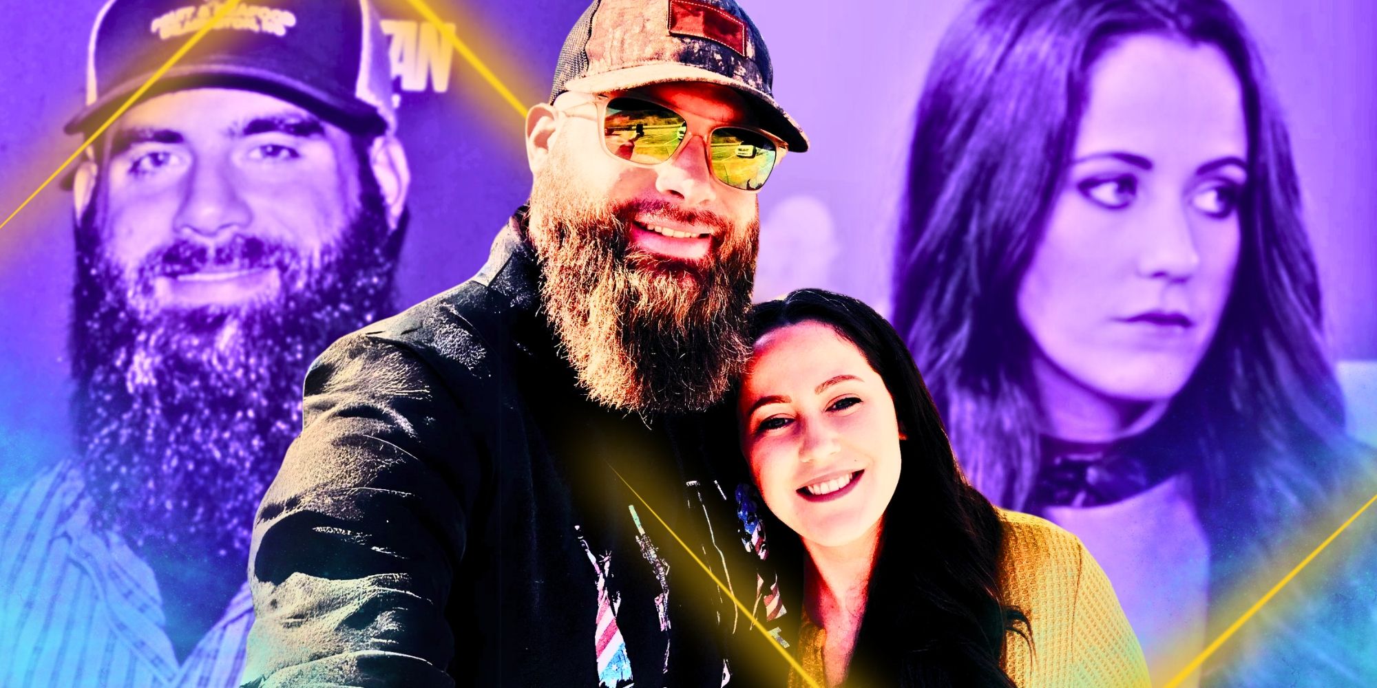 A montage of David Eason and Jenelle Evans from Teen Mom smiling in the foreground and separated in the background.