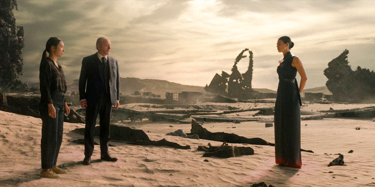 Young Ye and Thomas Wade in front of Sophone in a devastated scene in 3 body problem