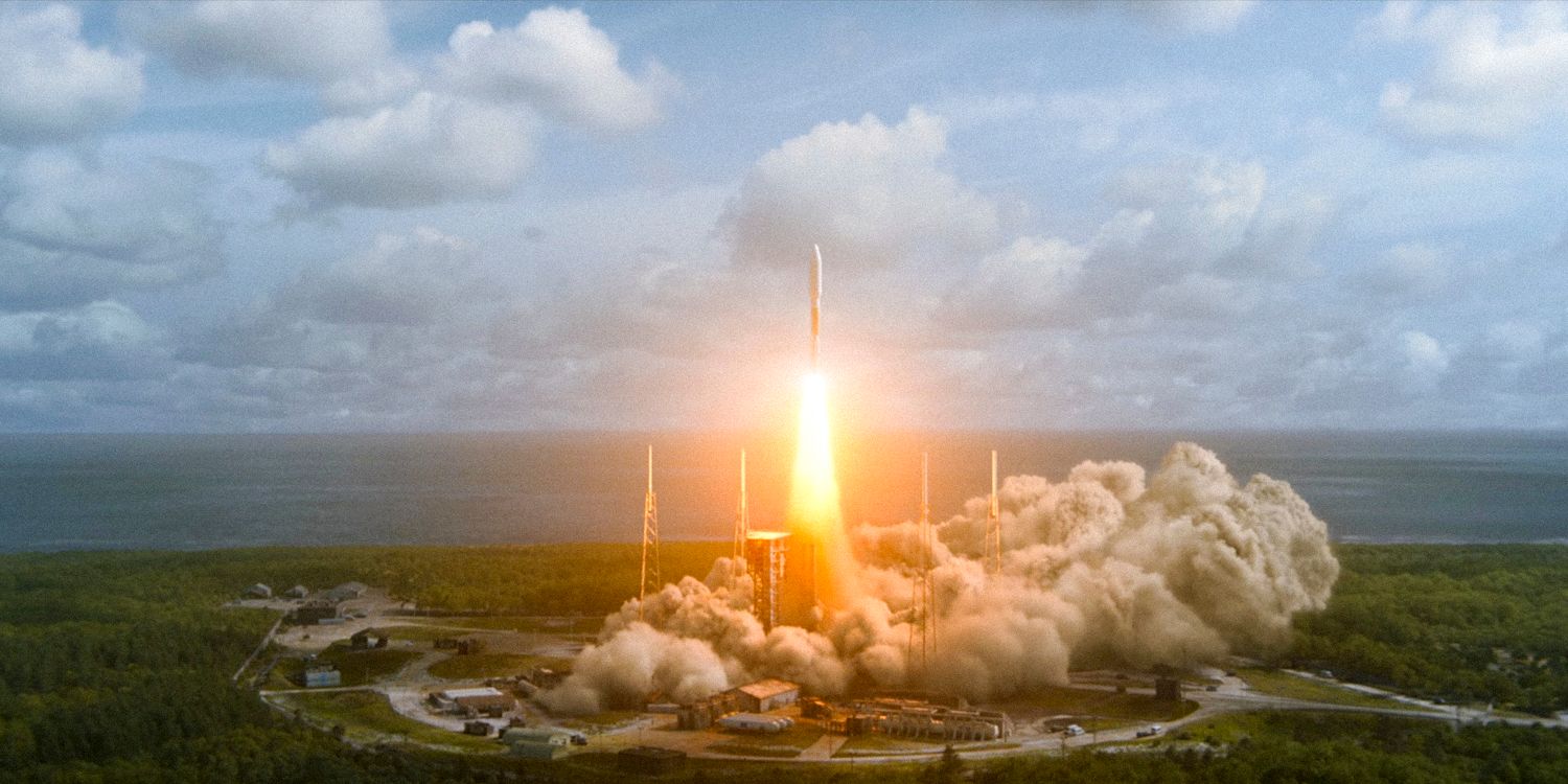 An aerial shot of a rocket taking off in 3 Body Problem