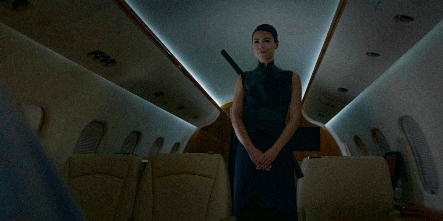 Sophone looking menacing standing in a plane in 3 Body Problem