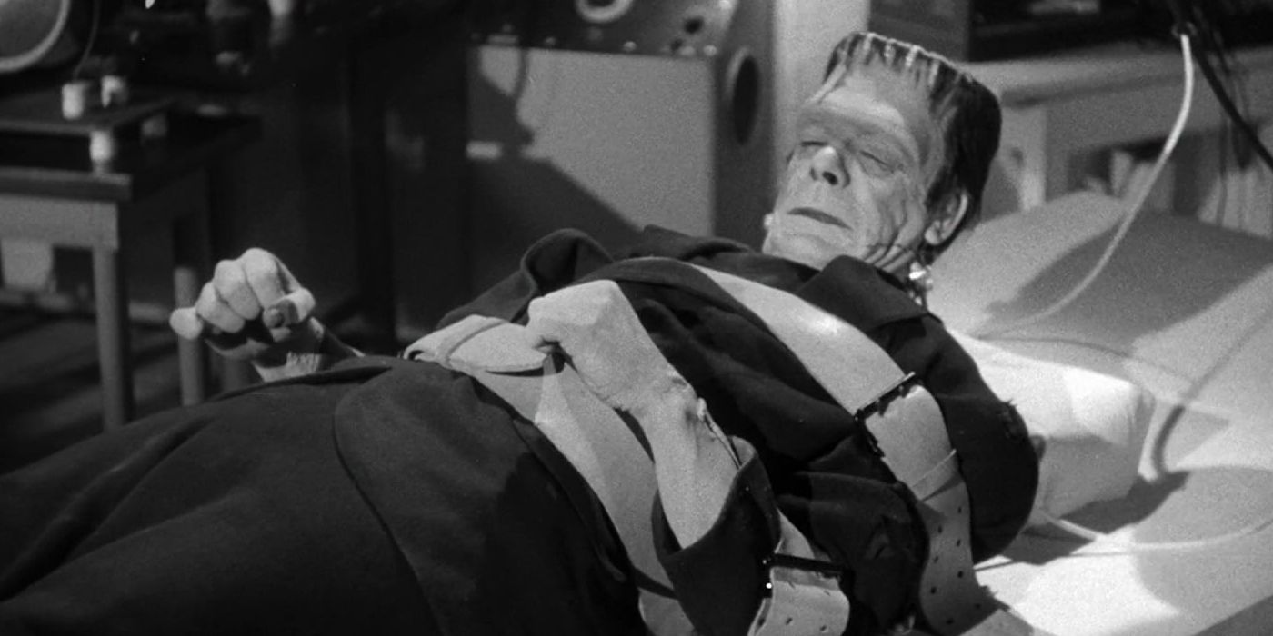 Glenn Strange as Frankstein's monster strapped to a table in Abbott & Costello Meet Frankenstein