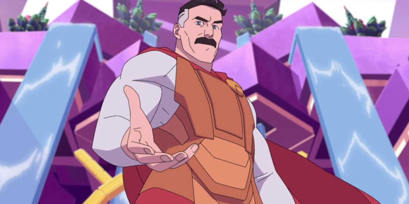 Omni-Man reaching toward the screen serenely in Invincible