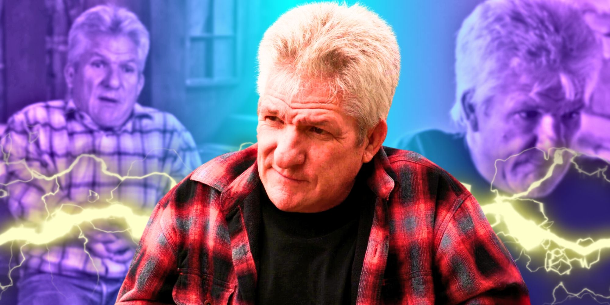Montage of Little People, Big World's Matt Roloff looking serious, with yellow electrical bolts