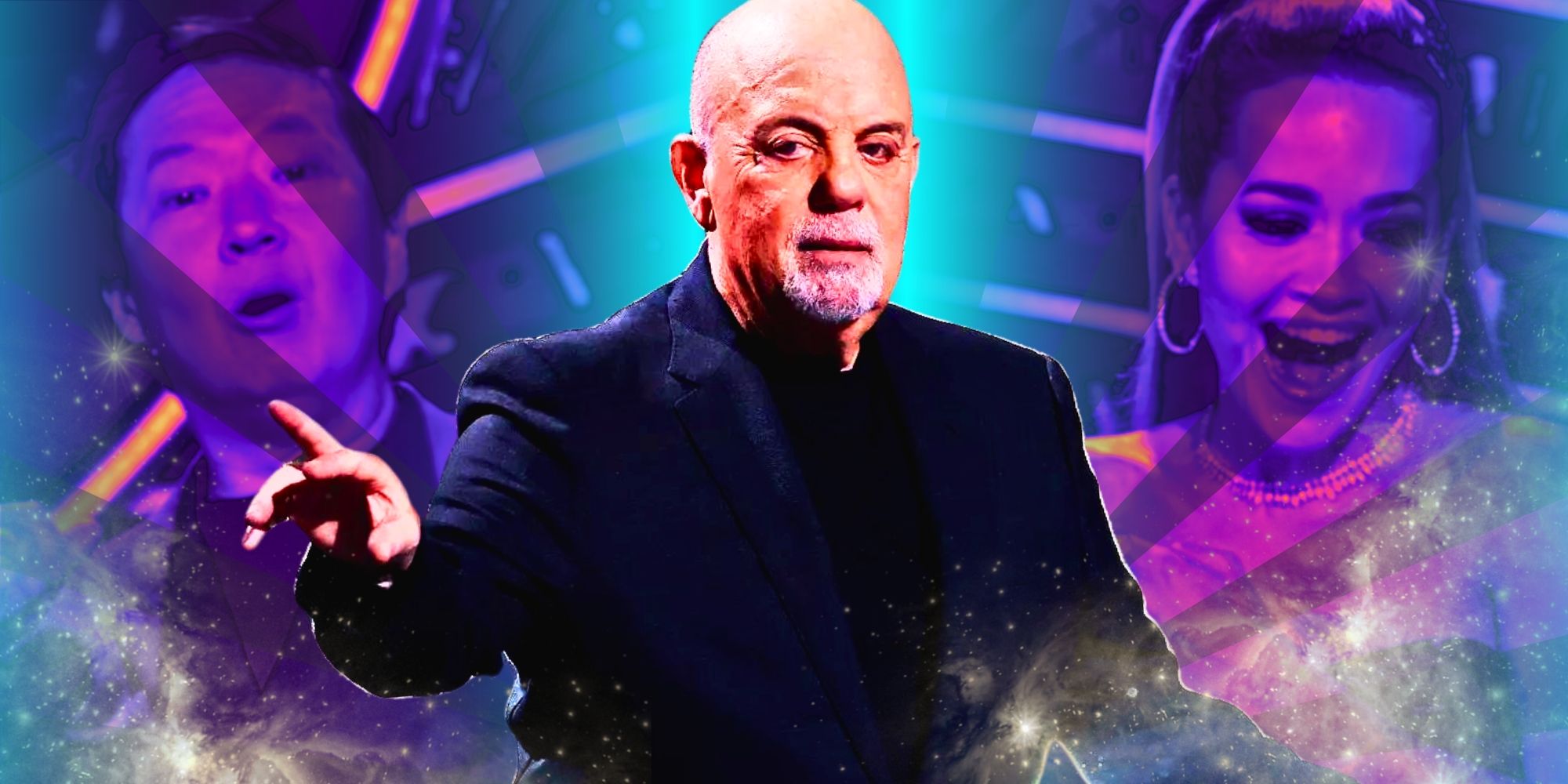 Billy Joel holding out his arm, flanked by The Masked Singer&rsquo;s Ken Jeong and Rita Ora