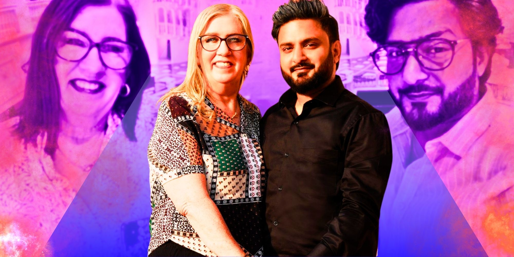 Jenny Slatten and Sumit Singh from 90 Day Fiance smiling together with neon purple background