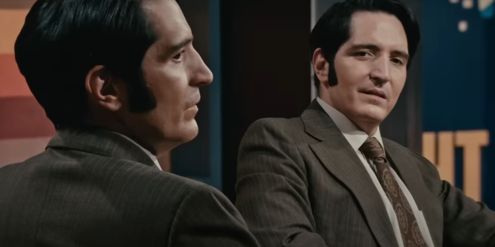 David Dastmalchian as Jack Delroy in the Late Night with the Devil trailer looking at another version of himself
