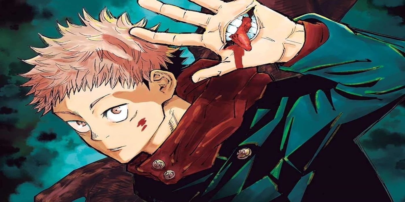 Jujutsu Kaisen Manga Volume 1 of Yuji with a mouth on his palm.