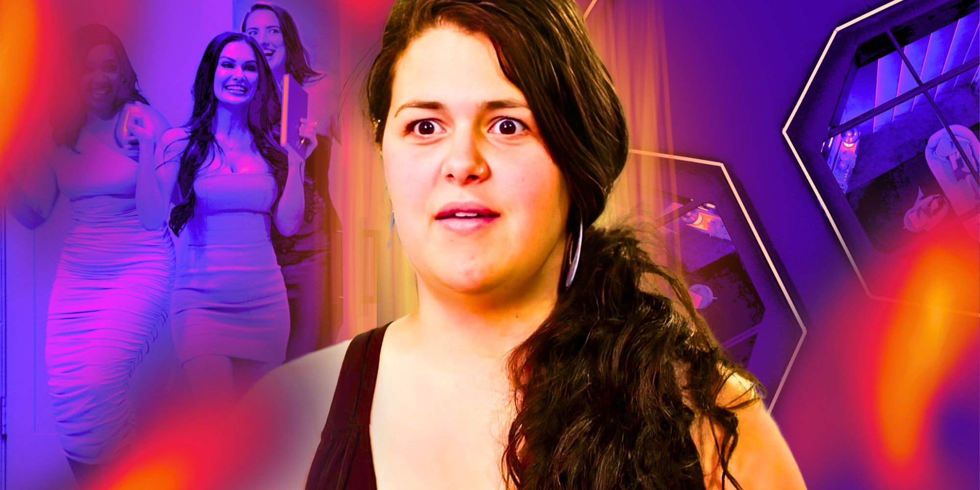 90 Day Fiancé's Emily Bieberly looking surprised, with Love Is Blind contestants in the background