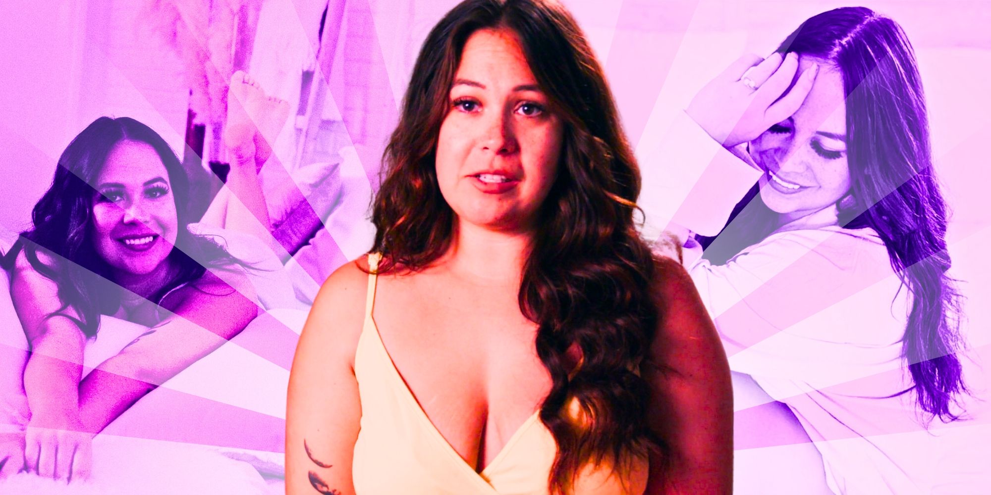 90 Day Fiancé Liz Woods wearing yellow strappy dress for talking head interview on Happily Ever After with her after weight loss photos behind her