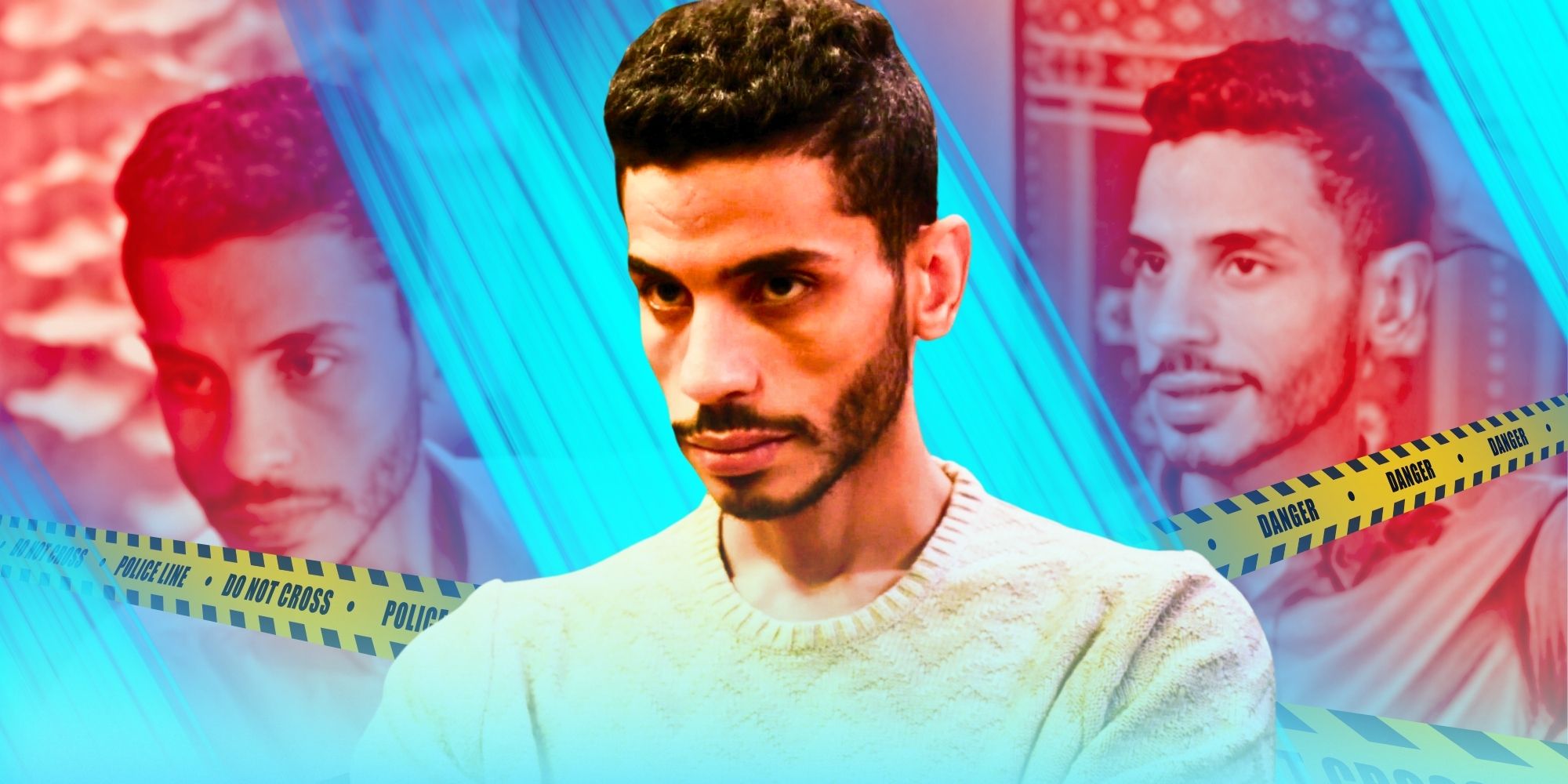 90 Day Fiancé_ Mahmoud El Sherbiny wearing yellow sweater looking angrily at someone with crime scene imagery behind him.