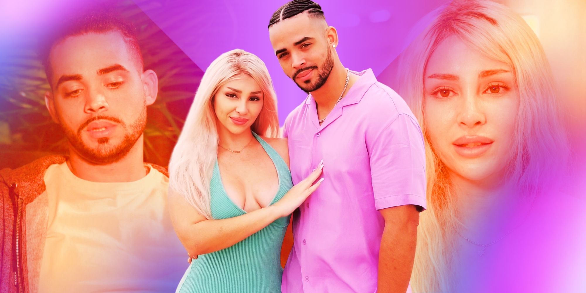 90 Day Fiance Rob Warne and Sophie Sierra posing in promo shot with images of them fromt he show in the background