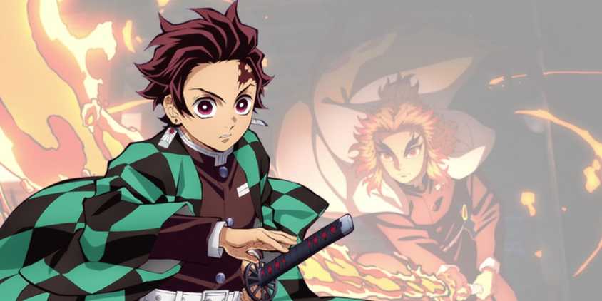 Tanjiro and Rengoku standing together with their swords Demon Slayer