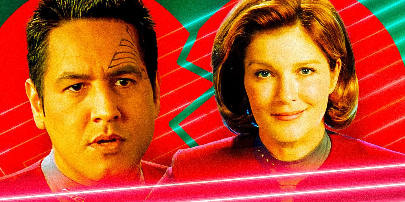 Chakotay (Robert Beltran) and Janeway (Kate Mulgrew) from Star Trek: Voyager with a broken heart in the background.