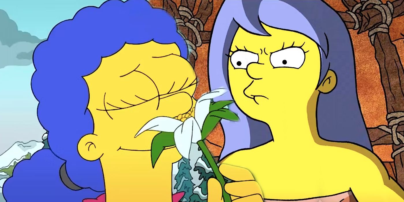 Marge sniffs a flower and a cave woman Marge sharpens a spear in The Simpsons season 35 episode 13