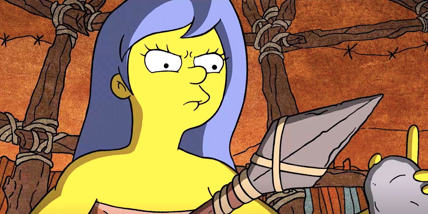 A cave woman Marge sharpens a spear in The Simpsons season 35 episode 13