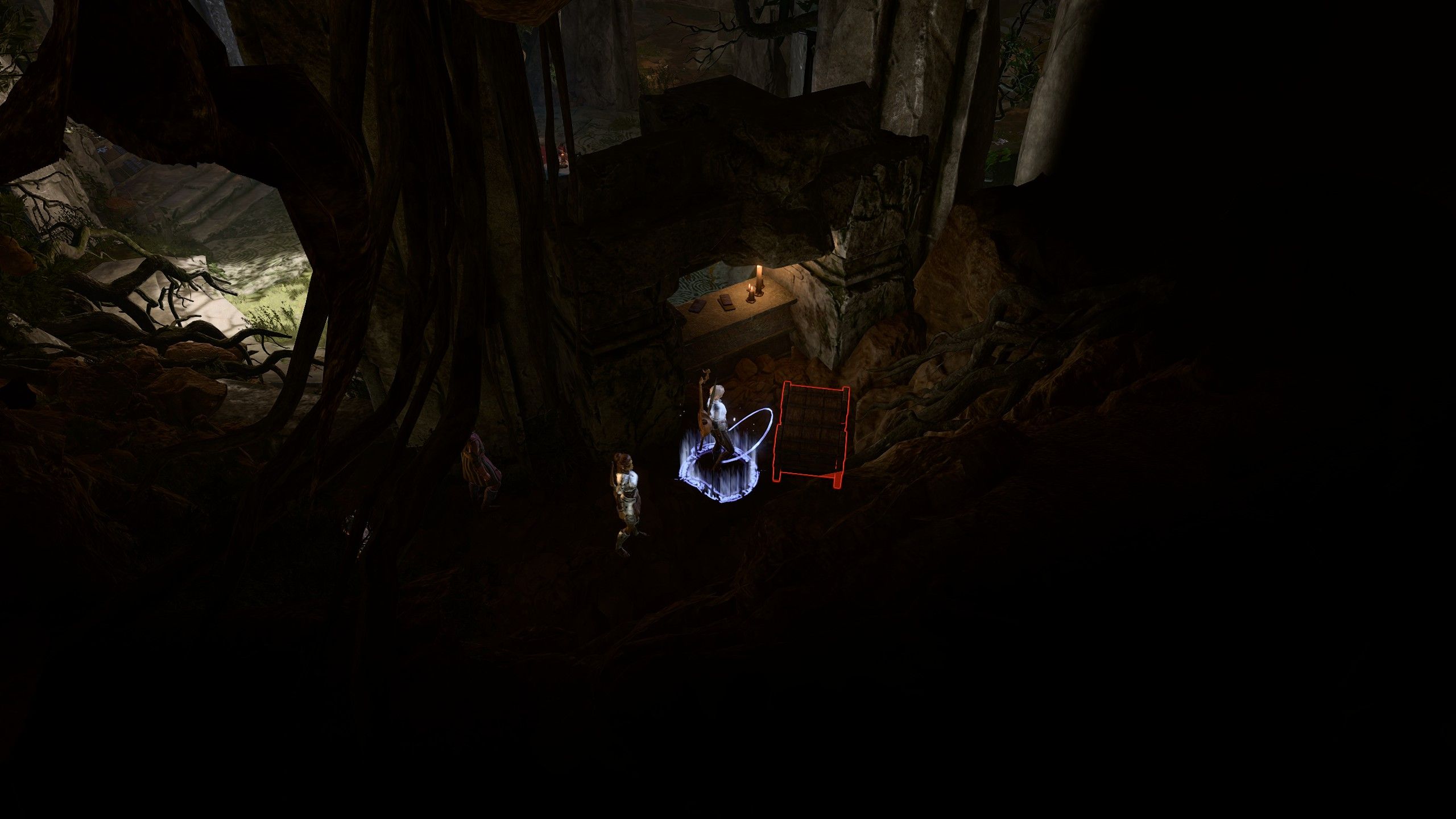 Um clérigo investigando o baú de Kagha no santuário interno de Emerald Grove em Baldur's Gate 3