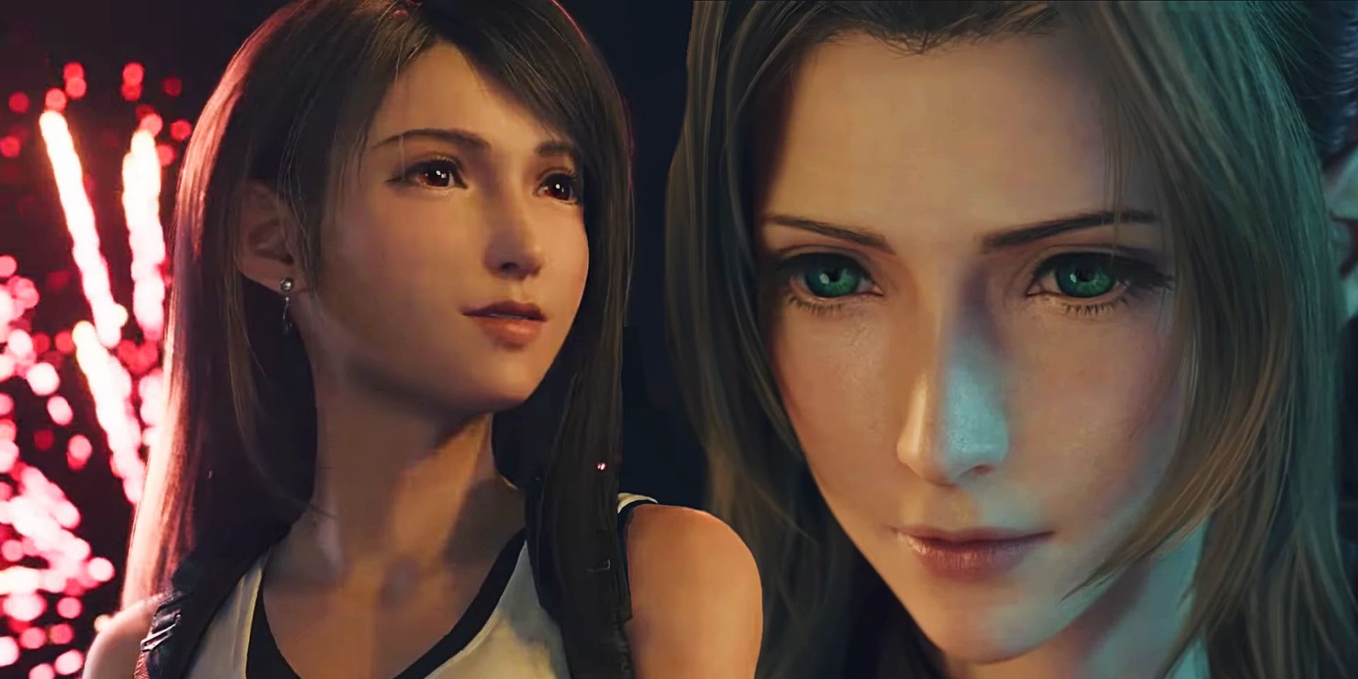 A collage of Tifa and Aerith smiling during their Gold Saucer date scenes in FF7 Rebirth.