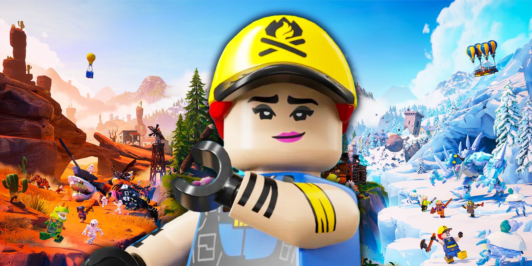 A Female LEGO Minifigure Wearing A Yellow Hard Hat On LEGO Fortnite Desert And Snowcapped Mountains Biome Background