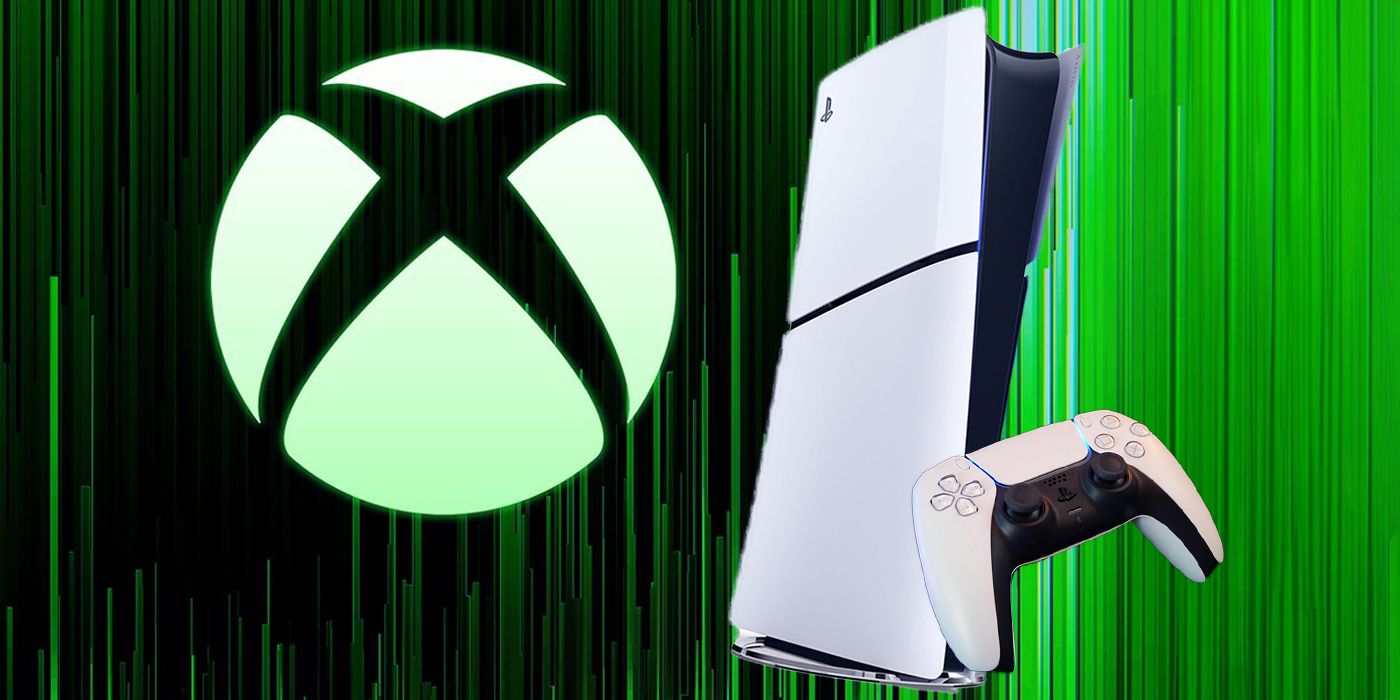 The Xbox logo with a green background alongside a PS5 console