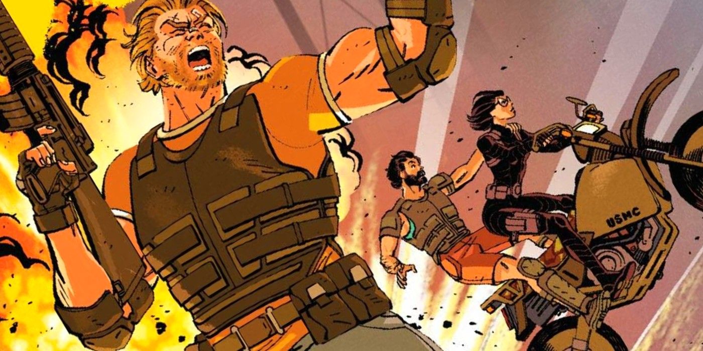 a gigantic gi joe battle with explosions and the barroness on a motorbike