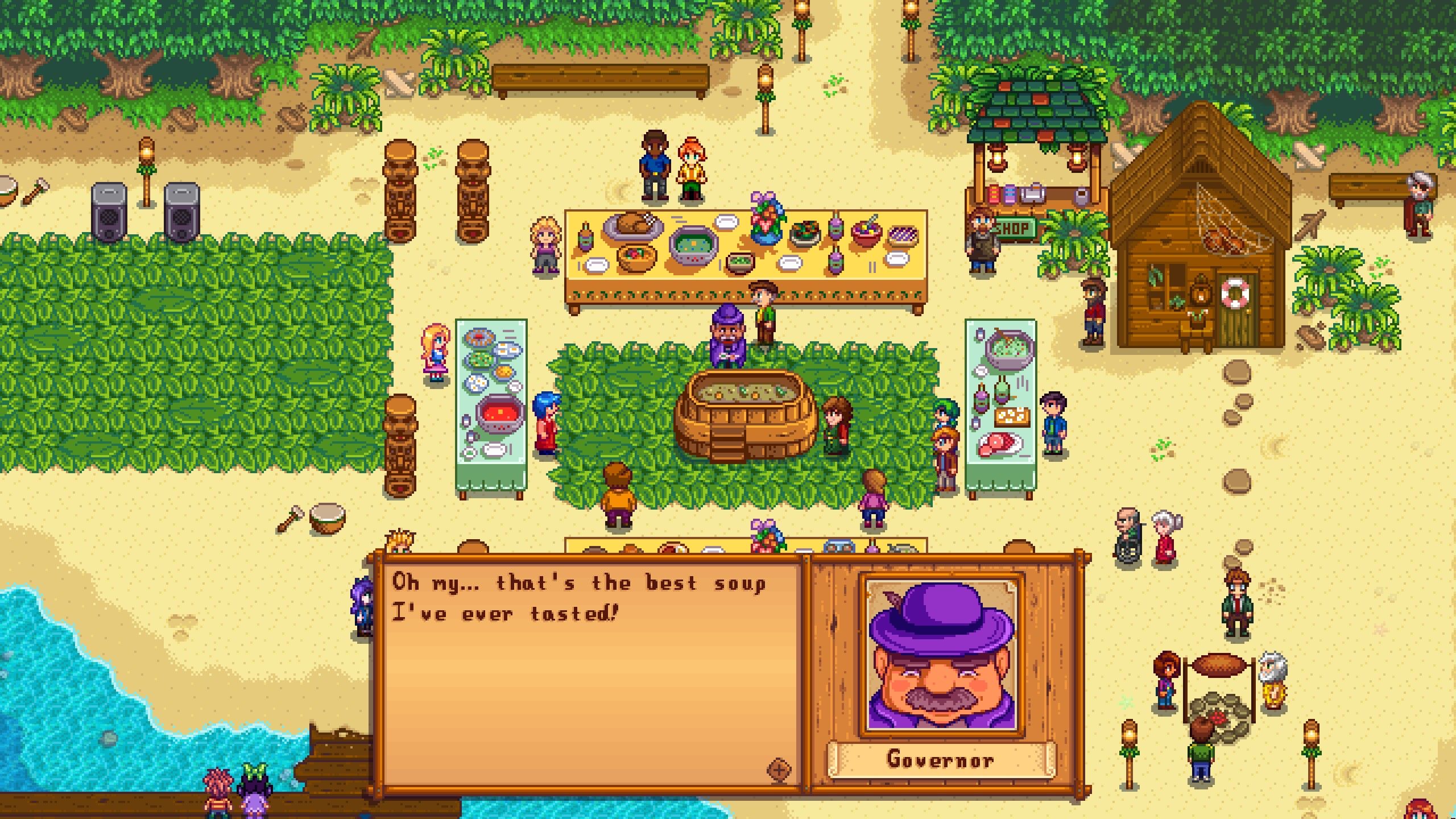 Un jugador asiste al festival Luau de Stardew Valley y observa al gobernador comer la mejor sopa compartida