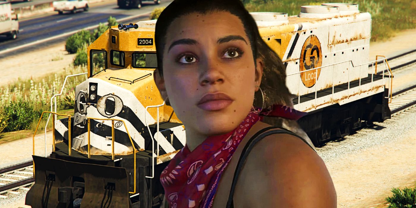 A screenshot of Lucia from the GTA 6 trailer in front of the freight train from GTA Online.
