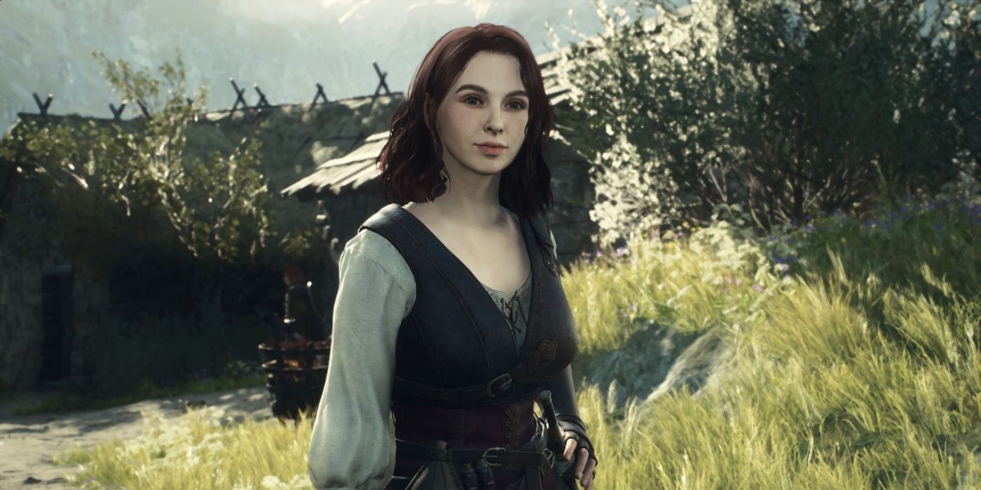 Uma Ulrika sorridente está em um campo em uma captura de tela de Dragon's Dogma 2.