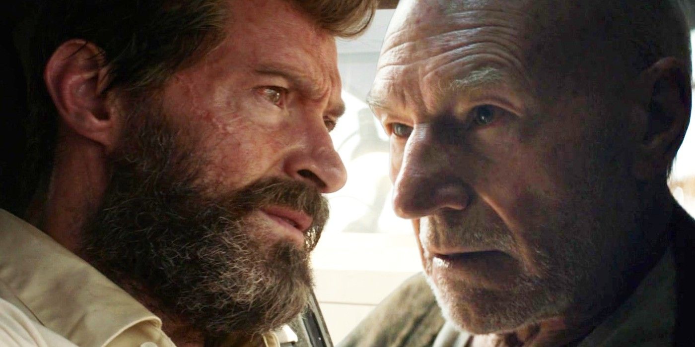 A split image of Logan and Professor X looking worn out in Logan