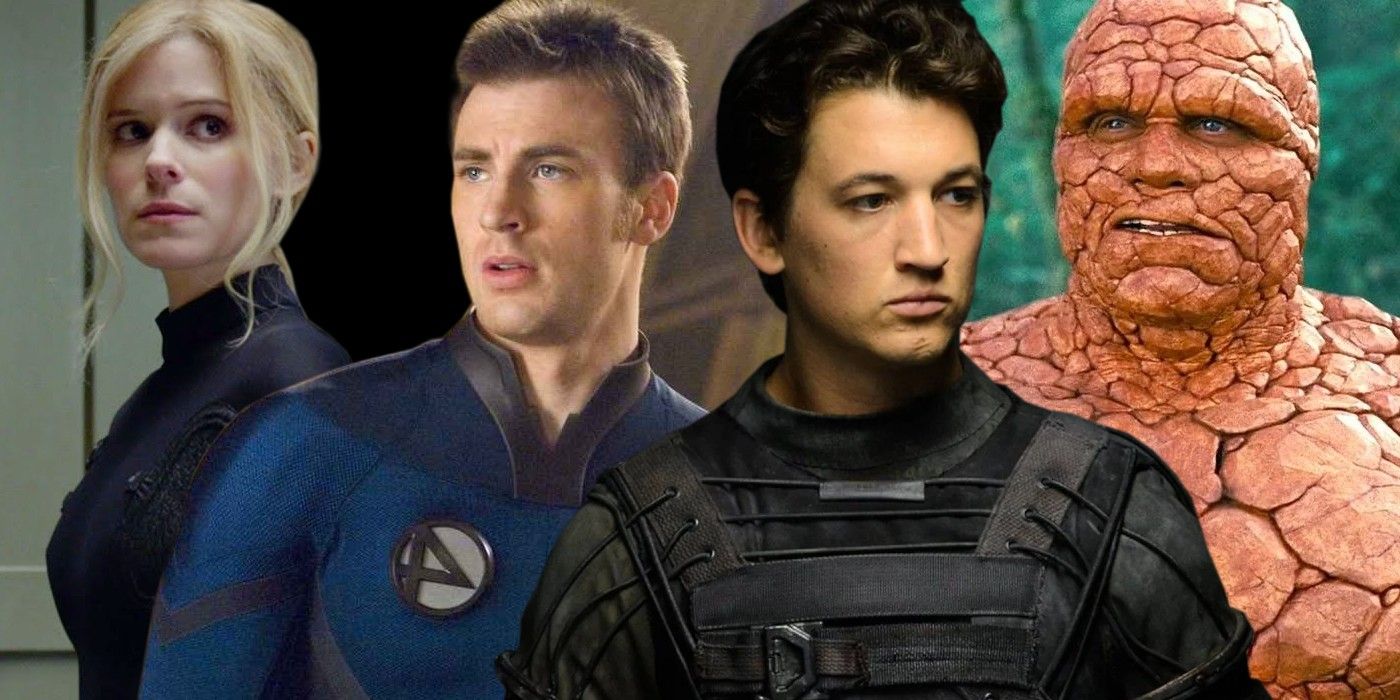 A split image featuring Kata Mara as Sue Storm, Chris Evans as Johnny Storm, Miles Teller as Reed Richards, and Michael Chiklis as Ben Grimm in various Fantastic Four movies