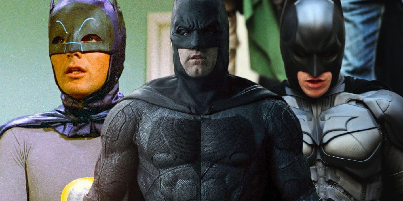 A split image of Batman from Batman (1966), Justice League, and The Dark Knight Rises