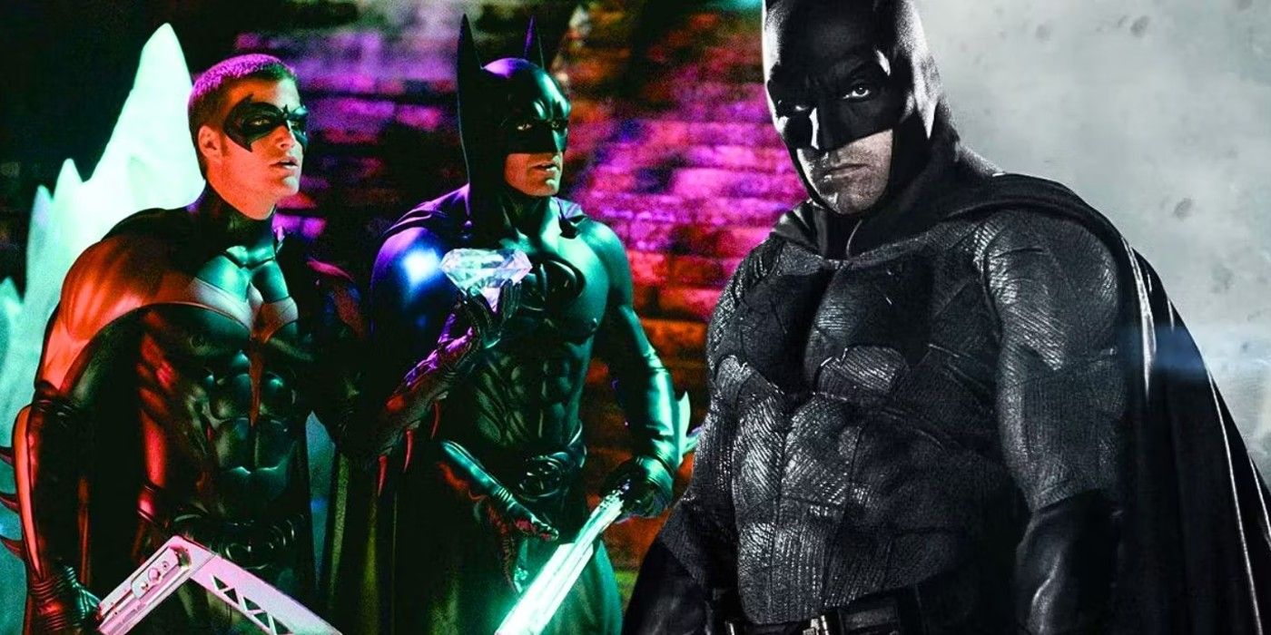 A split image of Ben Affleck's Batman from the DCEU and Batman and Robin from Batman & Robin